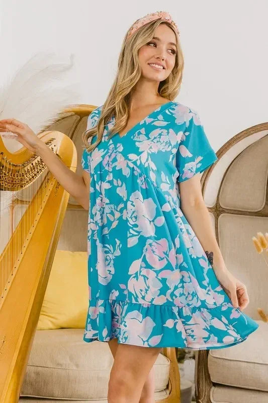 BiBi Floral Crinkle Shirred Ruffle Detail V Neck Dress - DAVERRI FASHIONS