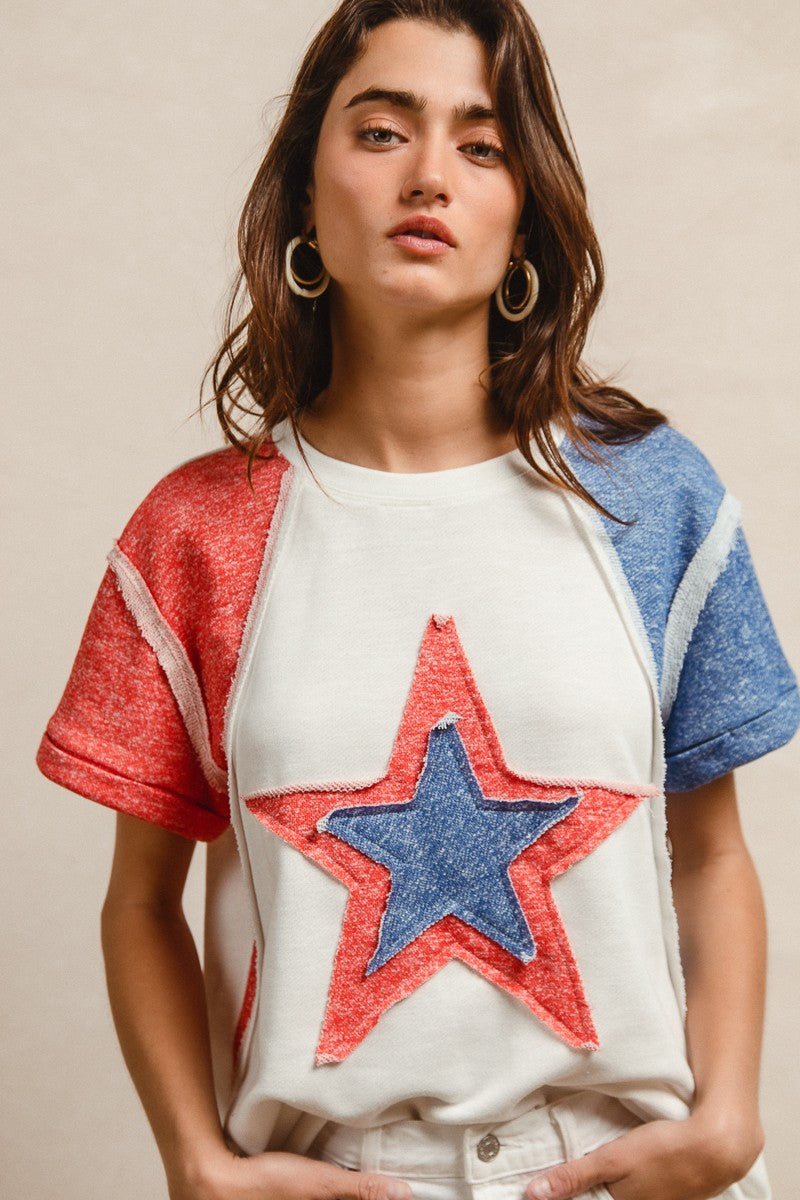 BiBi contrast French terry Fourth of July star patch raglan t-shirt