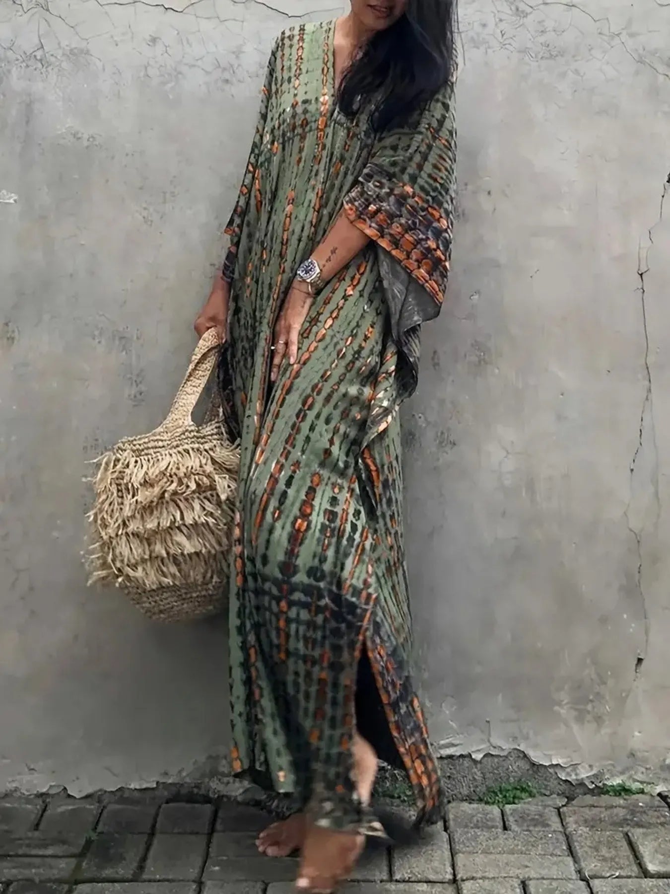 Tie-dye V-neck olive-green maxi dress with flowy geometric sleeves