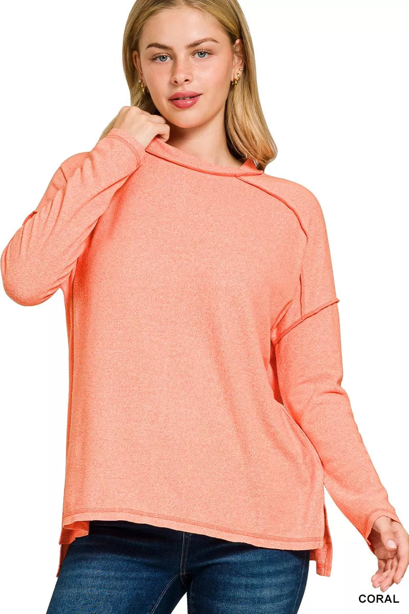 CORAL Zenana Full Size Melange Hacci Exposed Seam Hi-low Tee Plus Size | Daverri Fashions