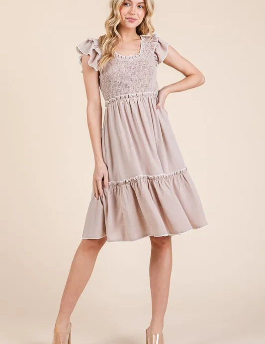 TAUPE Lime 'N' Chili Ruffle Trim Smocked Dress with Contrast | Daverri Fashions