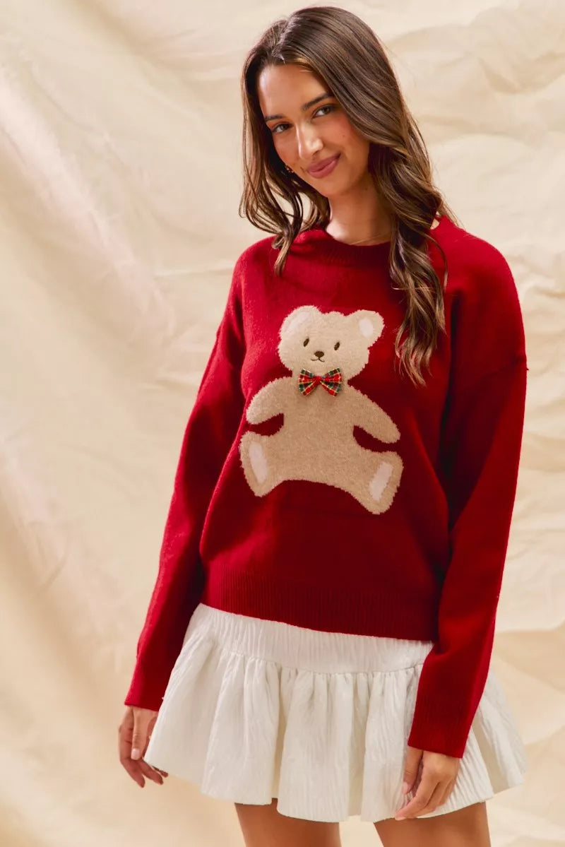 SO ME Teddy Bear With Check Ribbon Christmas Sweater | Daverri Fashions