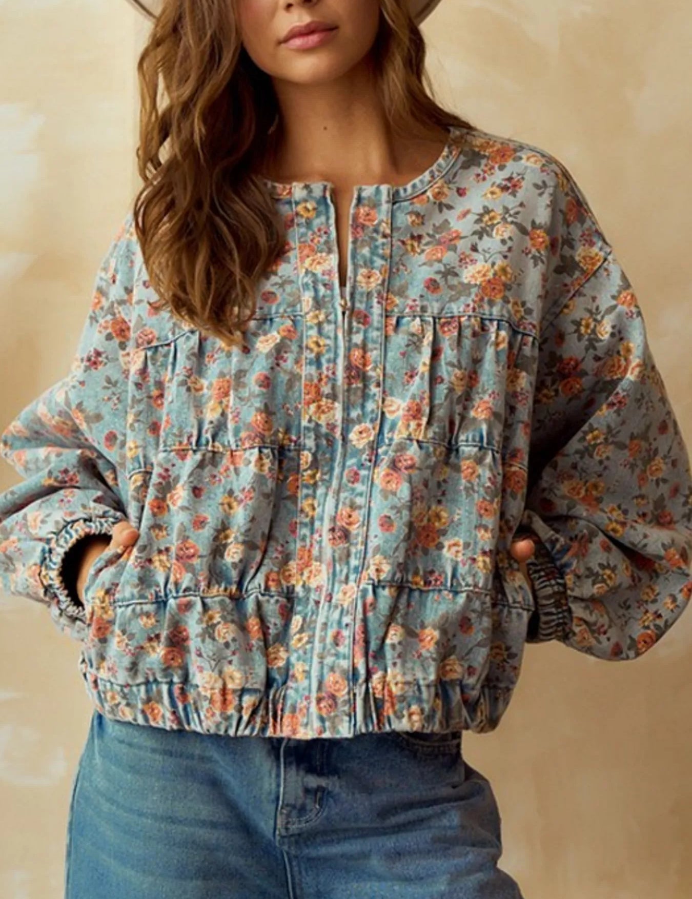 Floral Floral Print Zip Up Cropped Denim Jacket | Denim Jackets Daverri Fashions