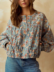 Floral Floral Print Zip Up Cropped Denim Jacket | Denim Jackets Daverri Fashions