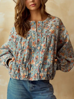 Floral Print Zip Up Cropped Denim Jacket - DAVERRI FASHIONS