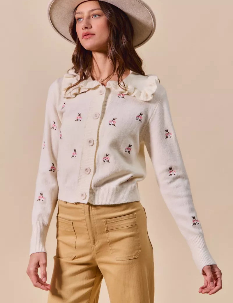 SO ME Collared Floral Embroidered Button Down Sweater Cardigan | Cardigans Daverri Fashions