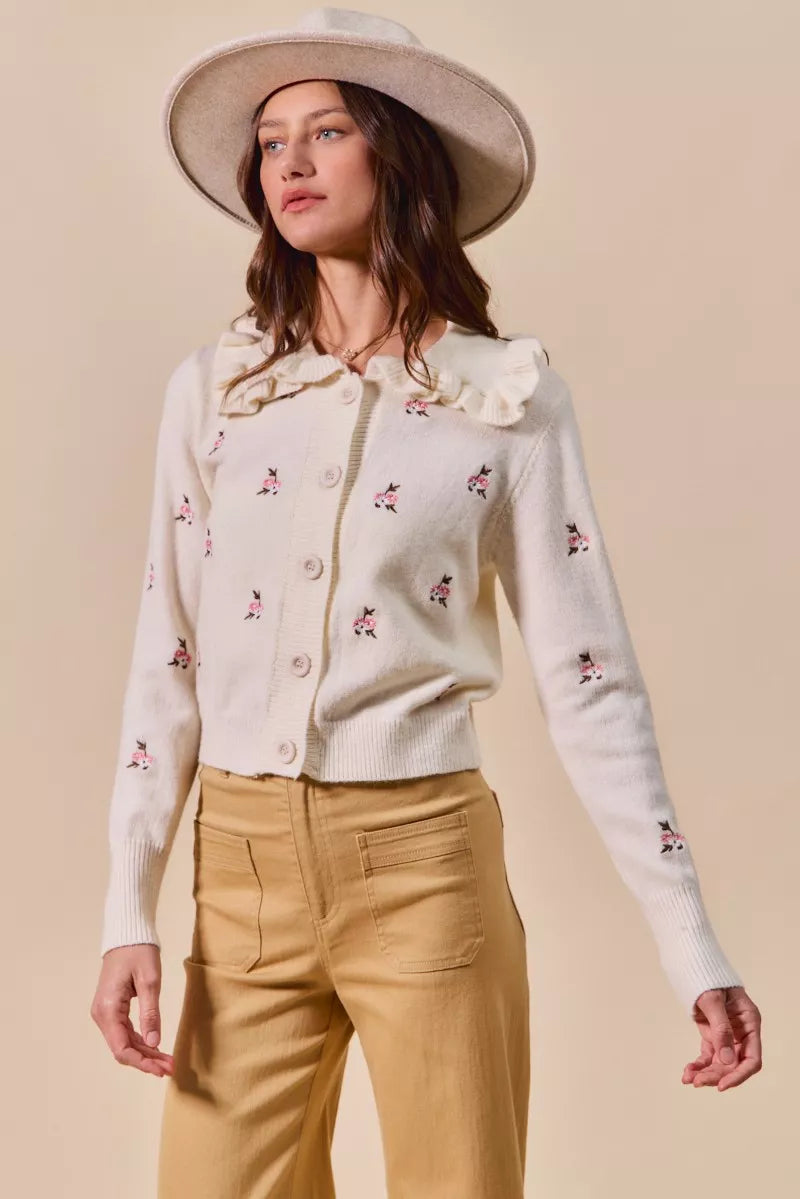 SO ME Collared Floral Embroidered Button Down Sweater Cardigan | Cardigans Daverri Fashions