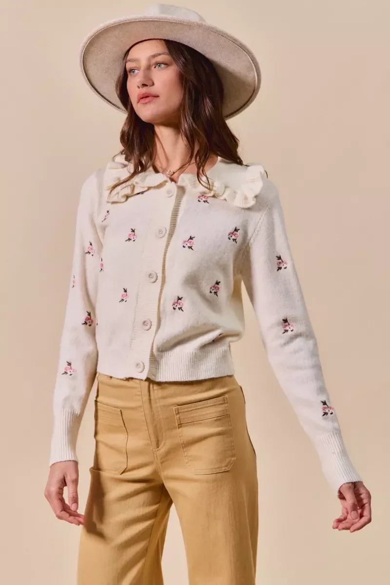 SO ME Collared Floral Embroidered Button Down Sweater Cardigan - DAVERRI FASHIONS