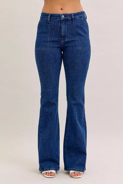 Judy Blue High Waist Flare Jeans with Front Patch Pockets - DAVERRI FASHIONS