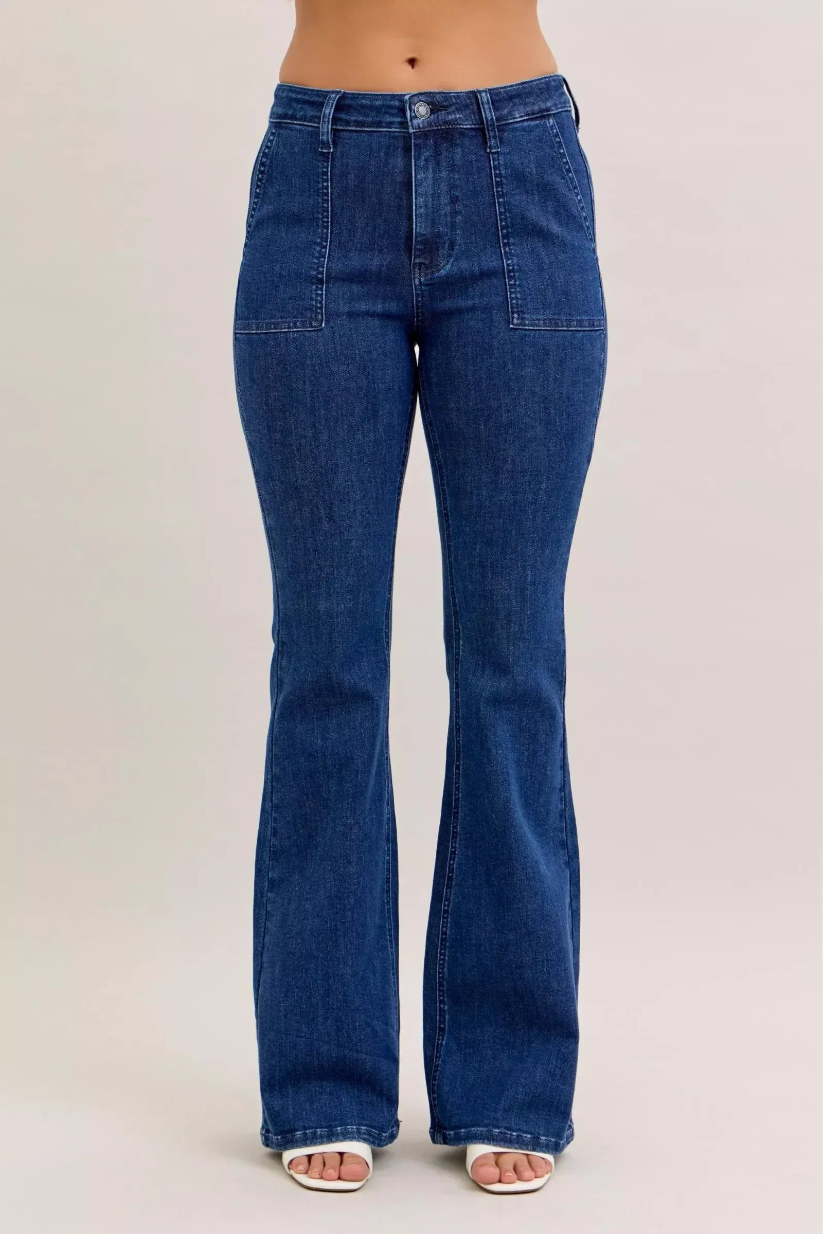 Judy Blue High Waist Flare Jeans with Front Patch Pockets - DAVERRI FASHIONS