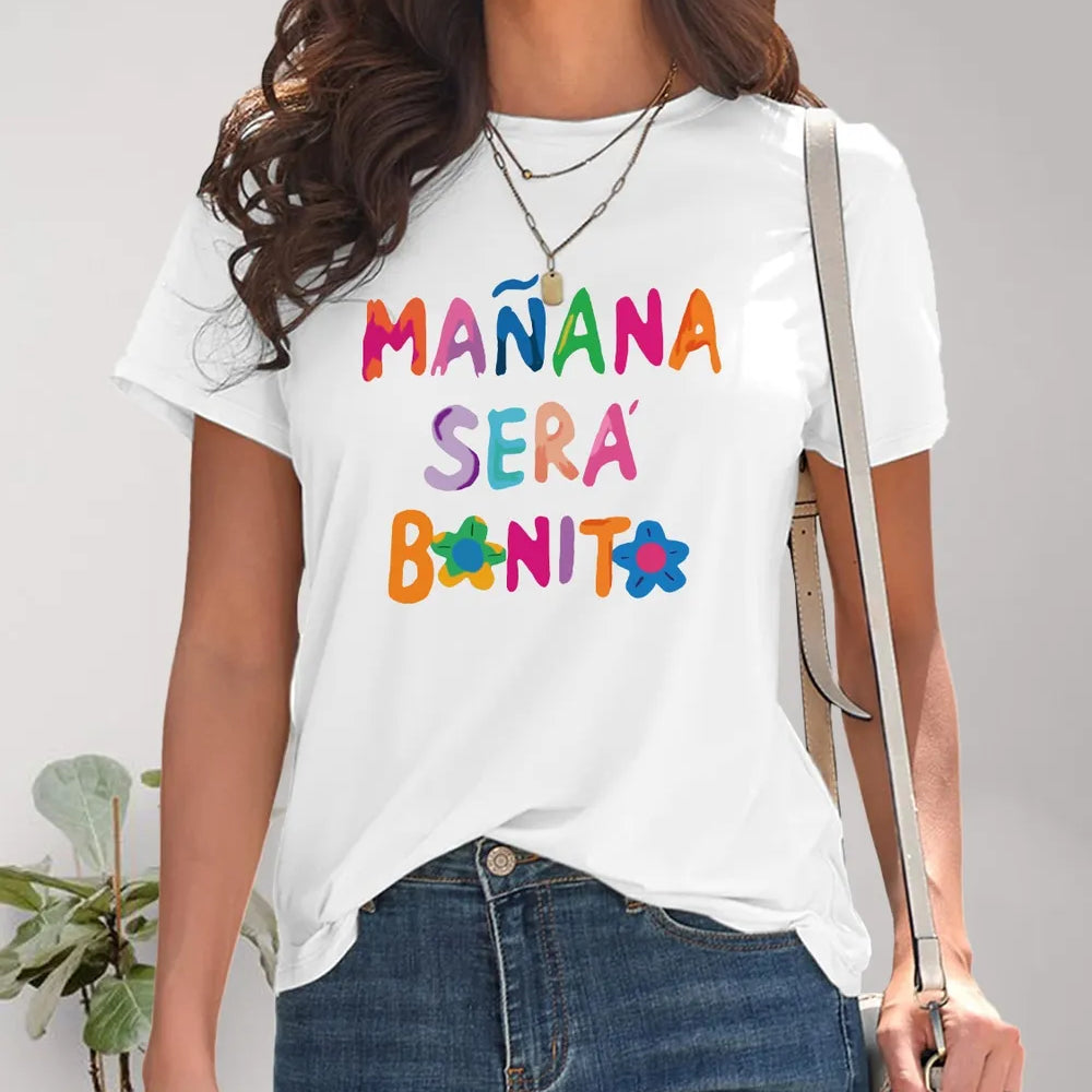 White Letter Graphic Round Neck T-Shirt with Manana Sera Bonito Floral Print