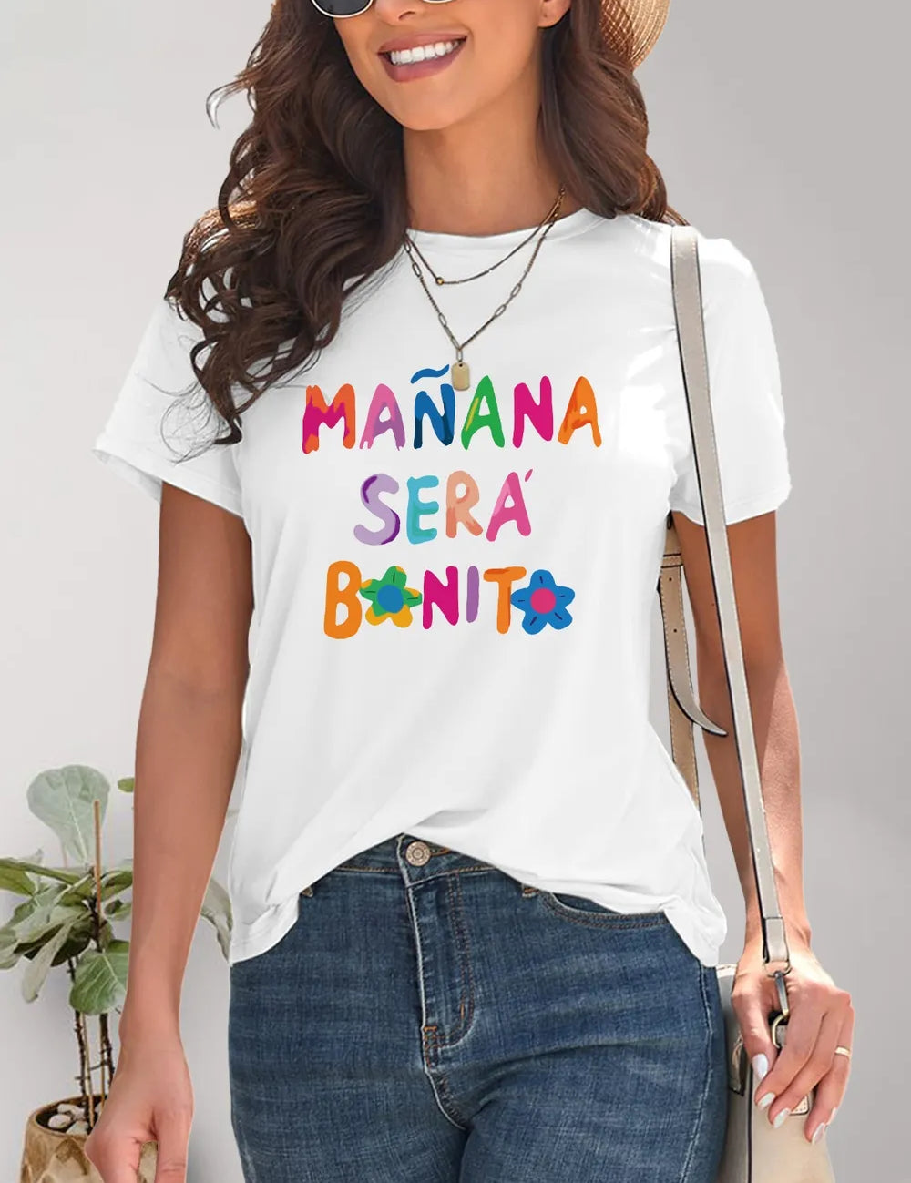 White Letter Graphic Round Neck T-Shirt with Manana Sera Bonito Floral Print
