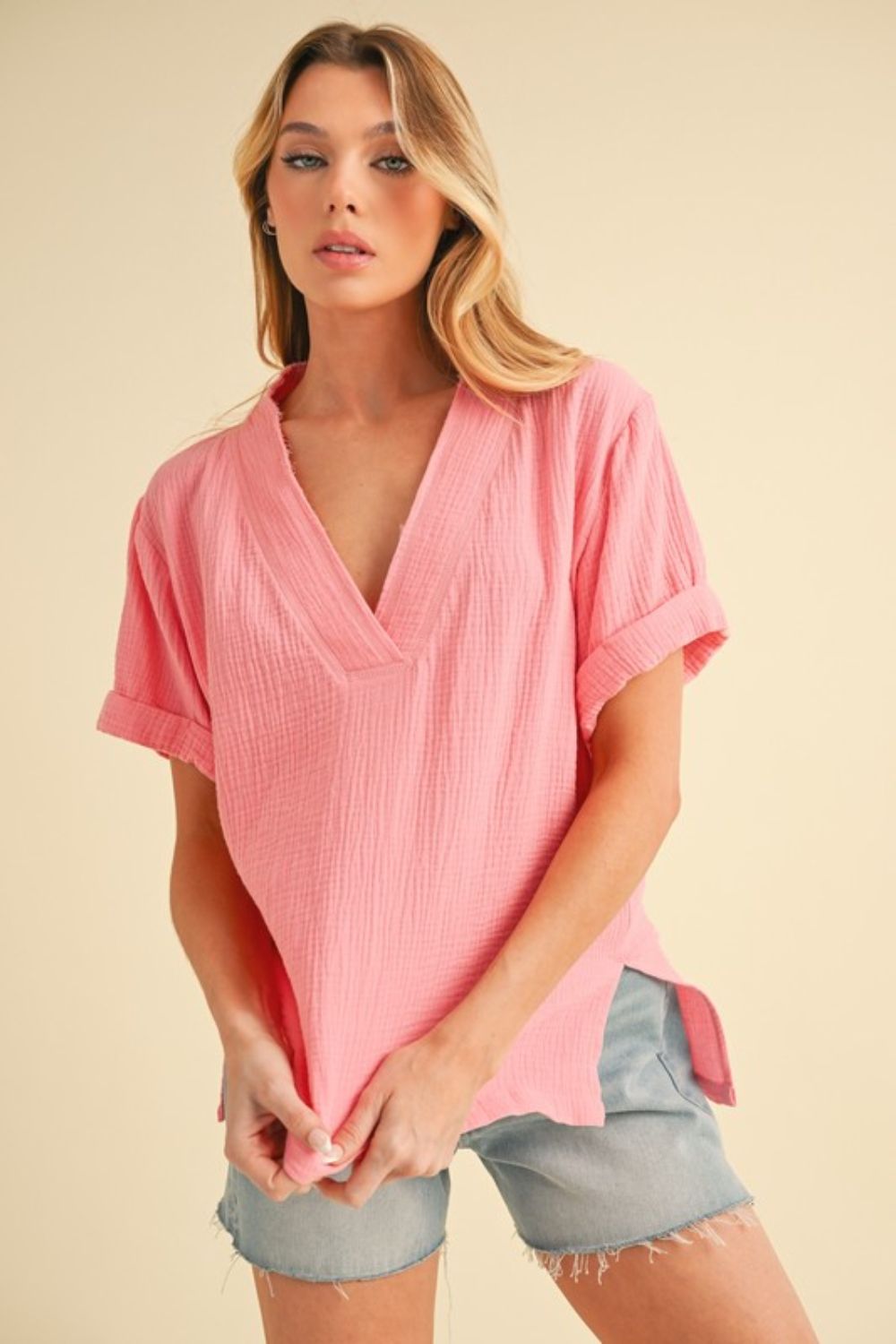 Aemi + Co Side Slit V-Neck Short Sleeve Blouse Pink