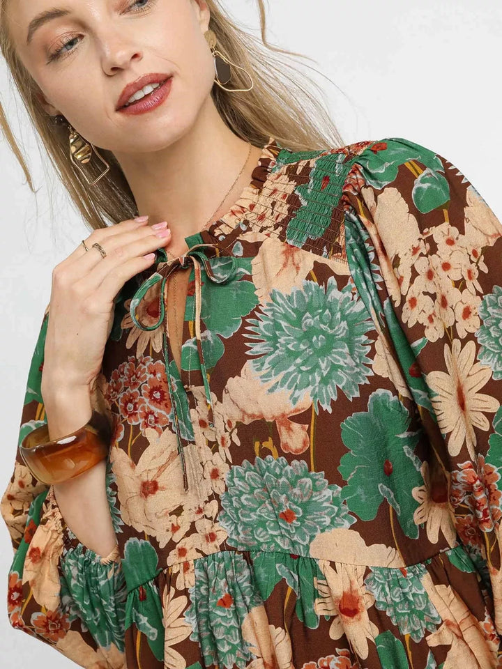 Umgee Mix Floral Peplum Blouse with Tie Neck | Blouses Daverri Fashions
