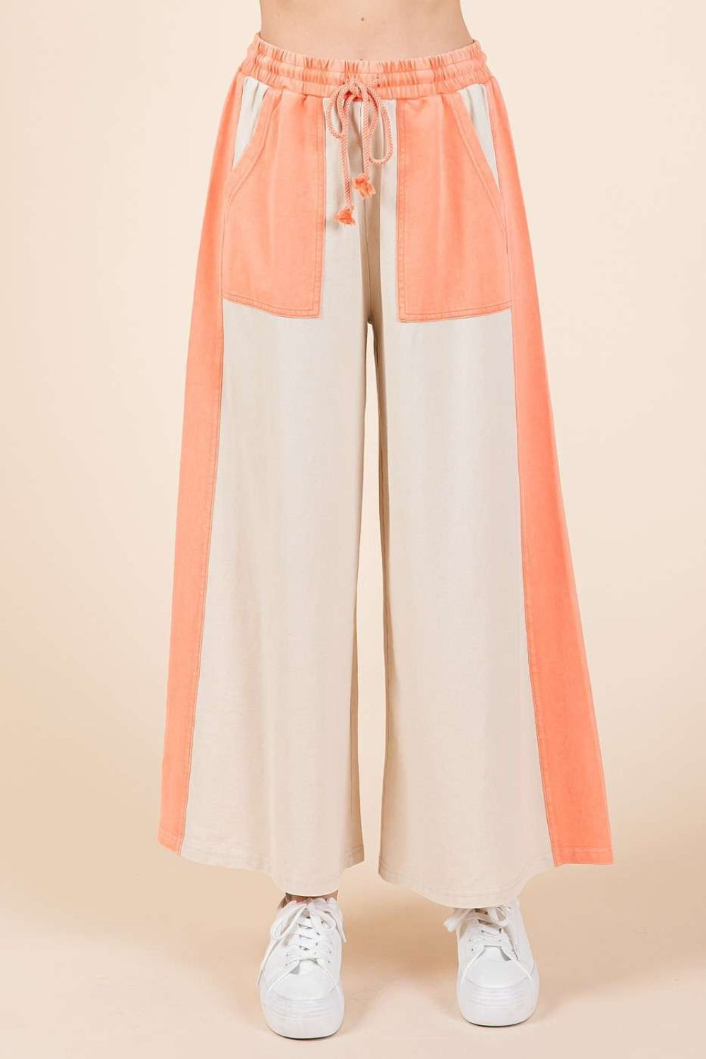 Mittoshop Color Block Wide Leg Pants Khaki Coral