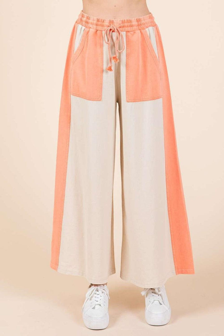 Mittoshop Color Block Wide Leg Pants Khaki Coral Pants