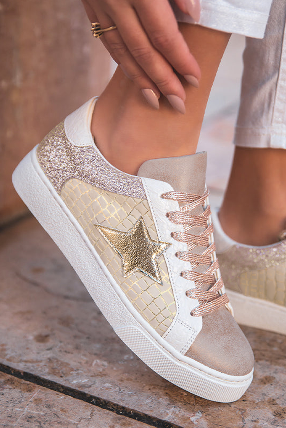 Gold Glitter Star Patchwork PU Leather Lace-up Sneakers | Sneakers Daverri Fashions