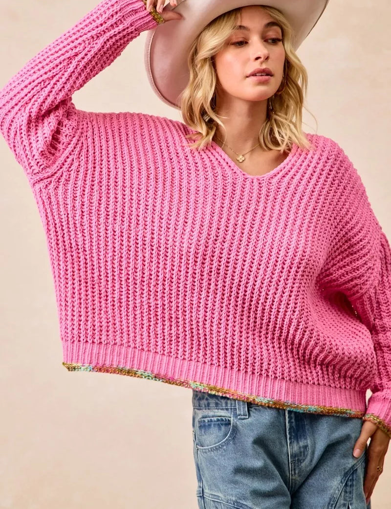 BiBi V-Neck Sweater with Colorful Trim | Daverri Fashions