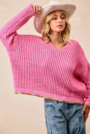 BiBi V-Neck Sweater with Colorful Trim | Daverri Fashions