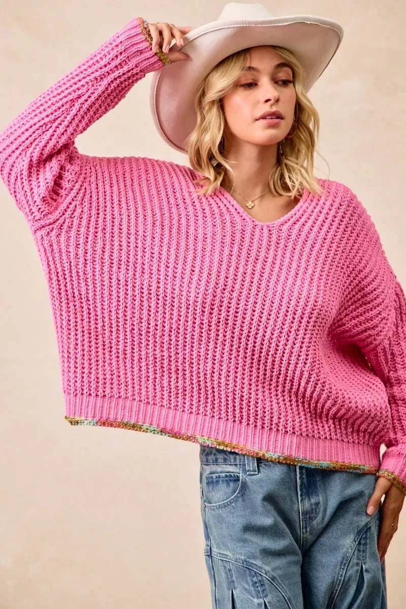 BiBi V-Neck Sweater with Colorful Trim | Daverri Fashions