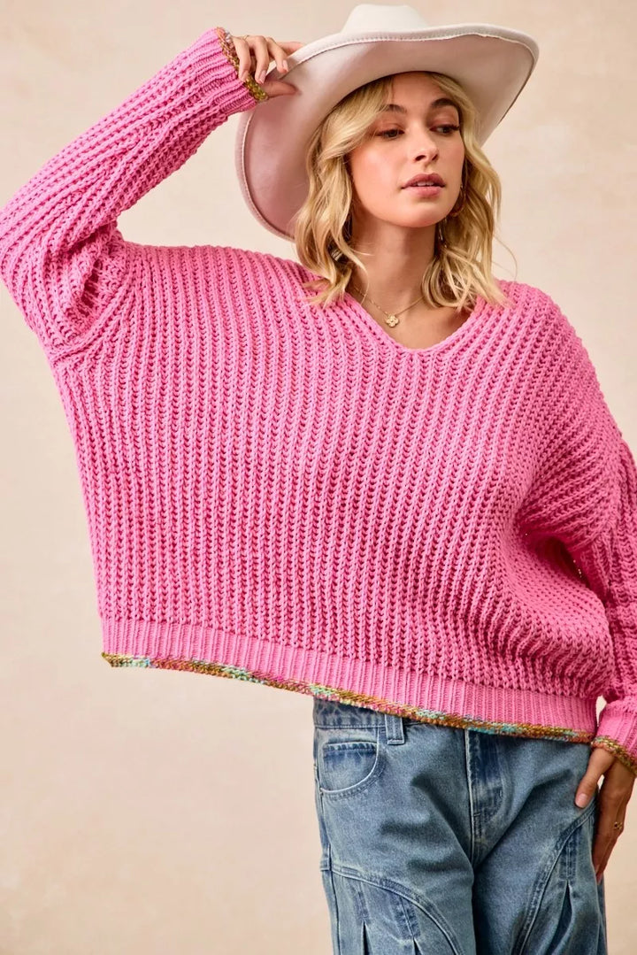 BiBi V-Neck Sweater with Colorful Trim | Daverri Fashions