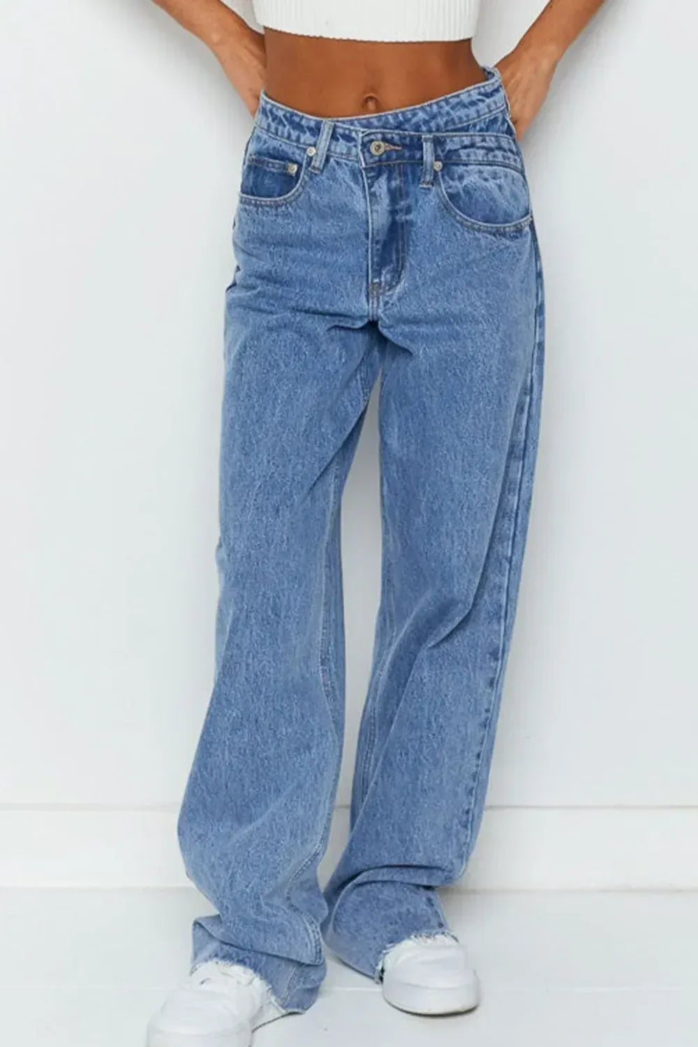 Mid Rise Asymmetrical Waist Wide Leg Jeans - DAVERRI FASHIONS