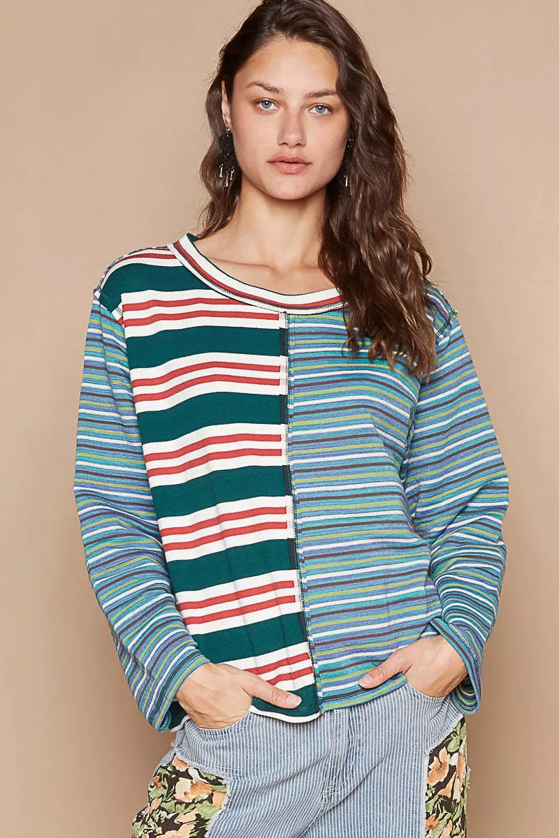 GREEN MULTI POL Color Block Striped Round Neck Long Sleeve T-Shirt | T-Shirts Daverri Fashions