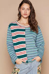 POL Color Block Striped Round Neck Long Sleeve T-Shirt - DAVERRI FASHIONS