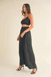 MABLE Smocked Bralette Crop Top and Wide Leg Pants Set Black | Outfit Sets Daverri Fashions