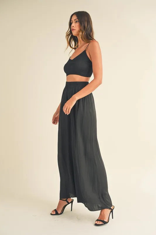 MABLE Smocked Bralette Crop Top and Wide Leg Pants Set Outfit Sets