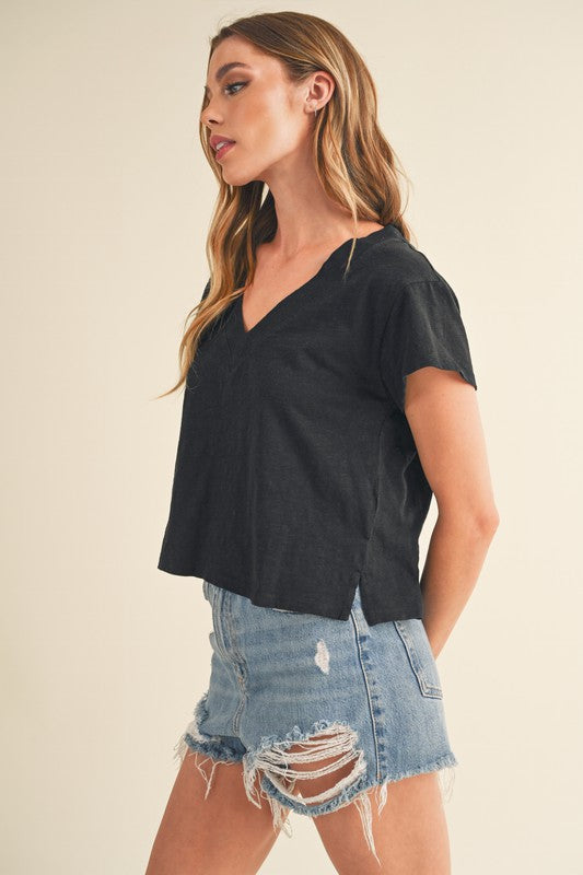 Aemi + Co Side Slit V-Neck Short Sleeve Cropped T-Shirt T-Shirts