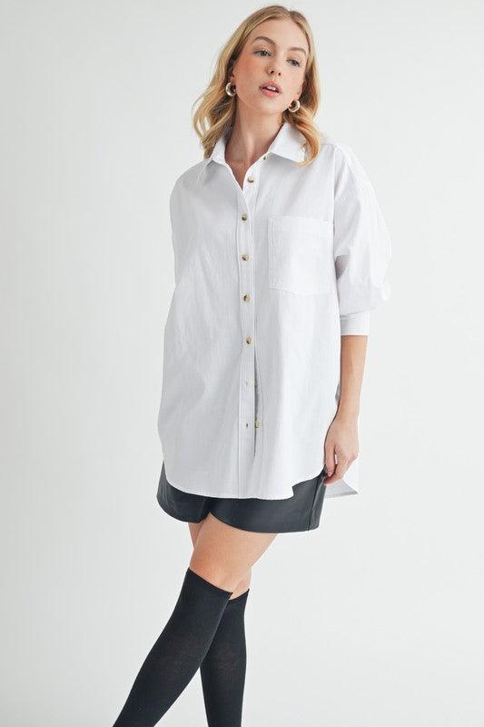 Aemi + Co High-Low Collared Neck Drop Shoulder Shirt | Shirts Daverri Fashions
