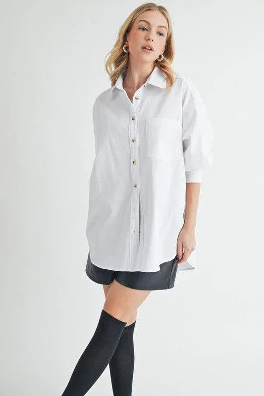 Aemi + Co High-Low Collared Neck Drop Shoulder Shirt - DAVERRI FASHIONS