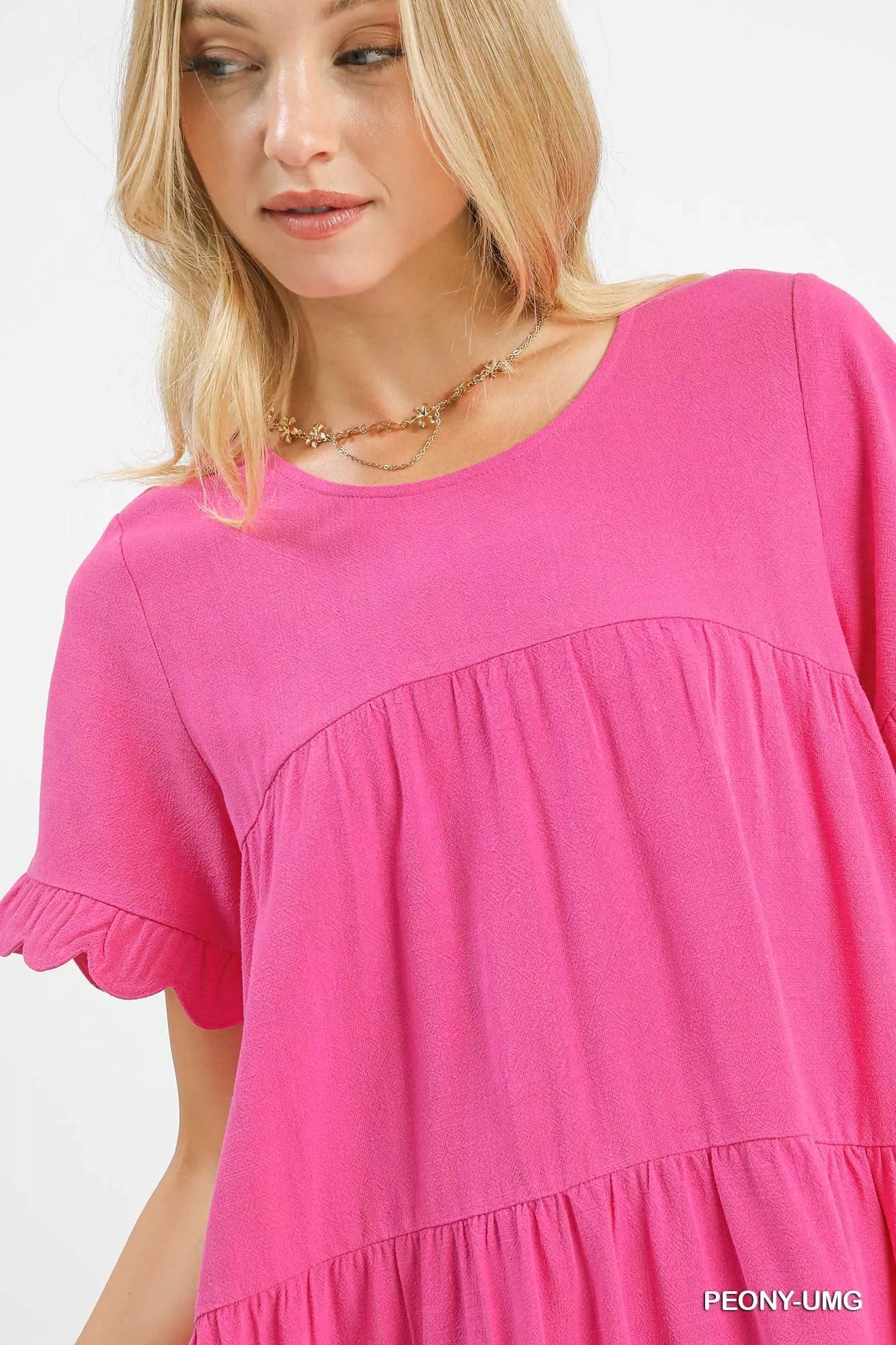 Vibrant pink Umgee linen tiered babydoll dress with ruffle sleeves