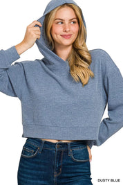 Drop Shoulder Ribbed Crop Hoodie Dusty Blue | Hoodies Daverri Fashions
