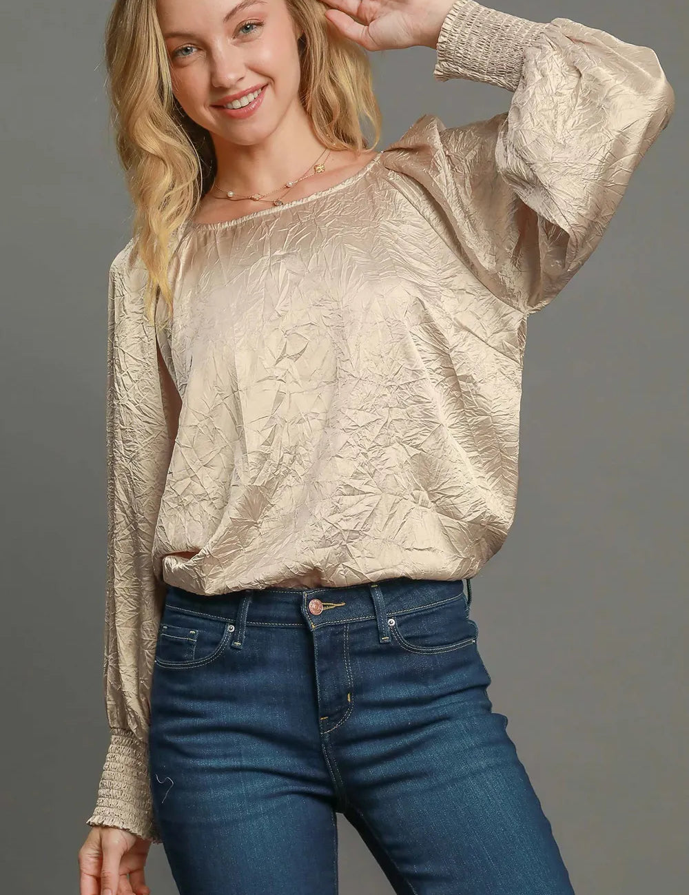 Tan Umgee Wrinkled Round Neck Lantern Sleeve Blouse | Daverri Fashions