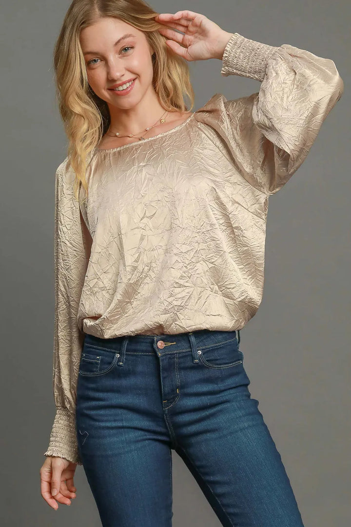 Umgee Wrinkled Round Neck Lantern Sleeve Blouse Tan