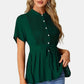 Emerald green peplum blouse with tied round neck, short sleeves, pleated front, white buttons