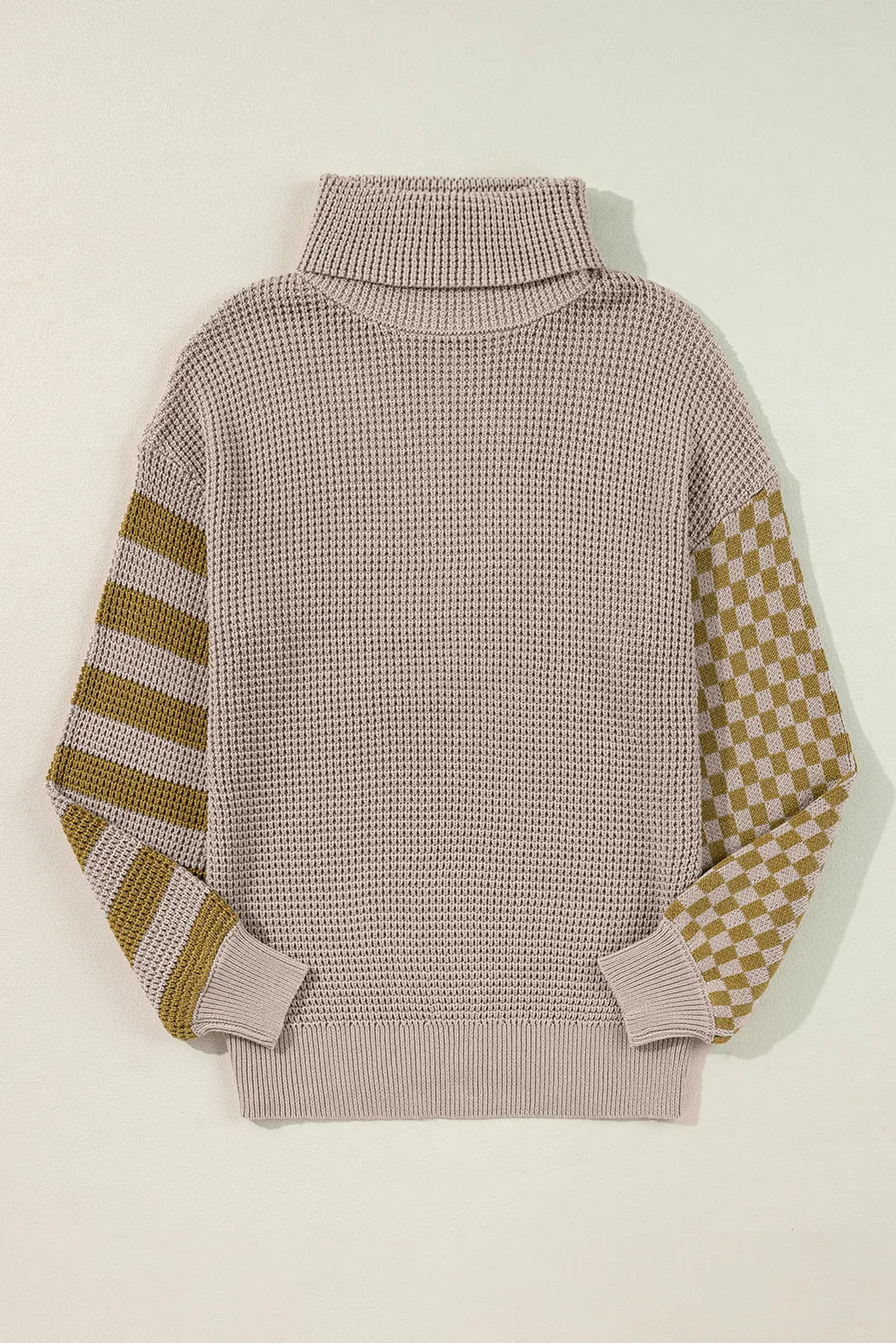 Beige turtleneck sweater with olive green striped checkered sleeves