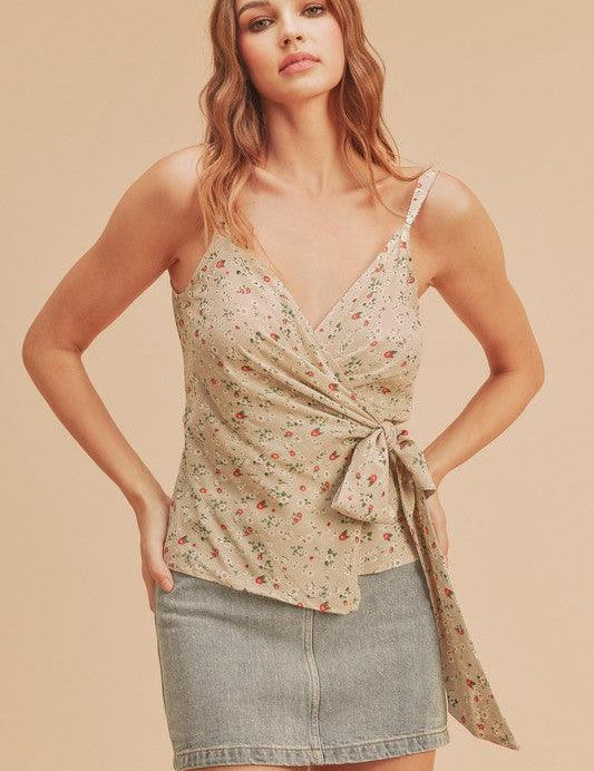 Natural Floral Aemi + Co Ditsy Floral Surplice Adjustable Straps Cami | Tops Daverri Fashions