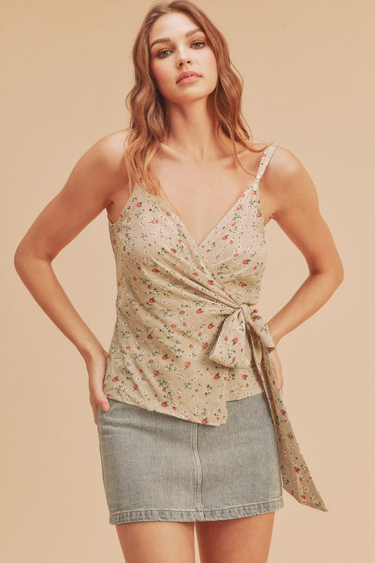 Aemi + Co Ditsy Floral Surplice Adjustable Straps Cami Natural Floral