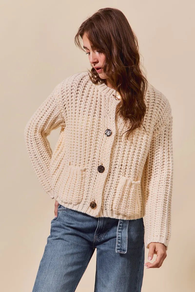 SO ME Metal Button Long Sleeve Chunky Sweater Cardigan Cardigans