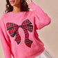 SO ME Checker Plaid Ribbon Christmas Holiday Sweater - DAVERRI FASHIONS