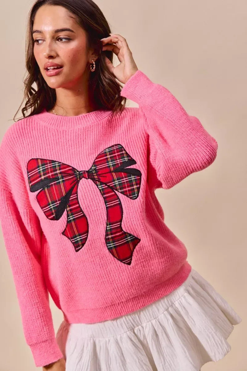 SO ME Checker Plaid Ribbon Christmas Holiday Sweater - DAVERRI FASHIONS