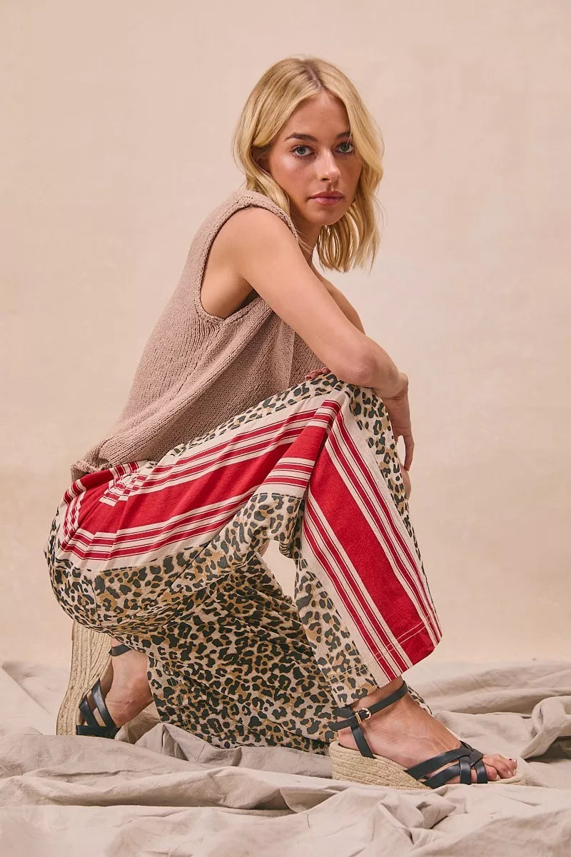 BiBi Leopard Print Pants with red stripes and side pockets