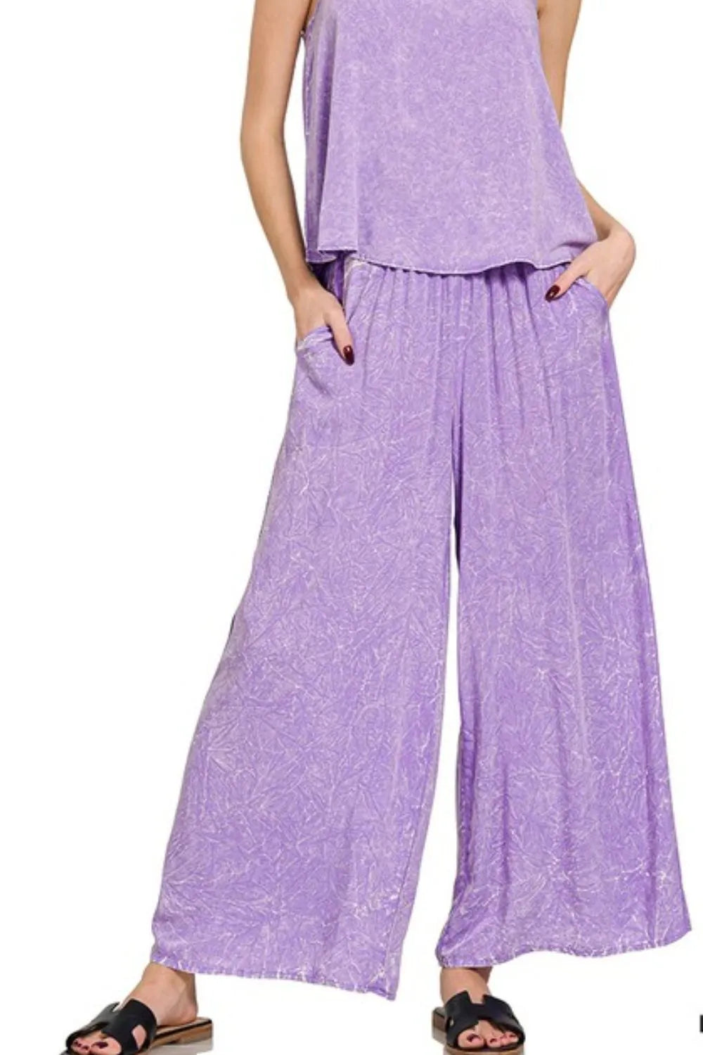 Zenana Lavender Woven Acid Crinkle Washed Cami & Pants 2 Piece Set Outfit Sets