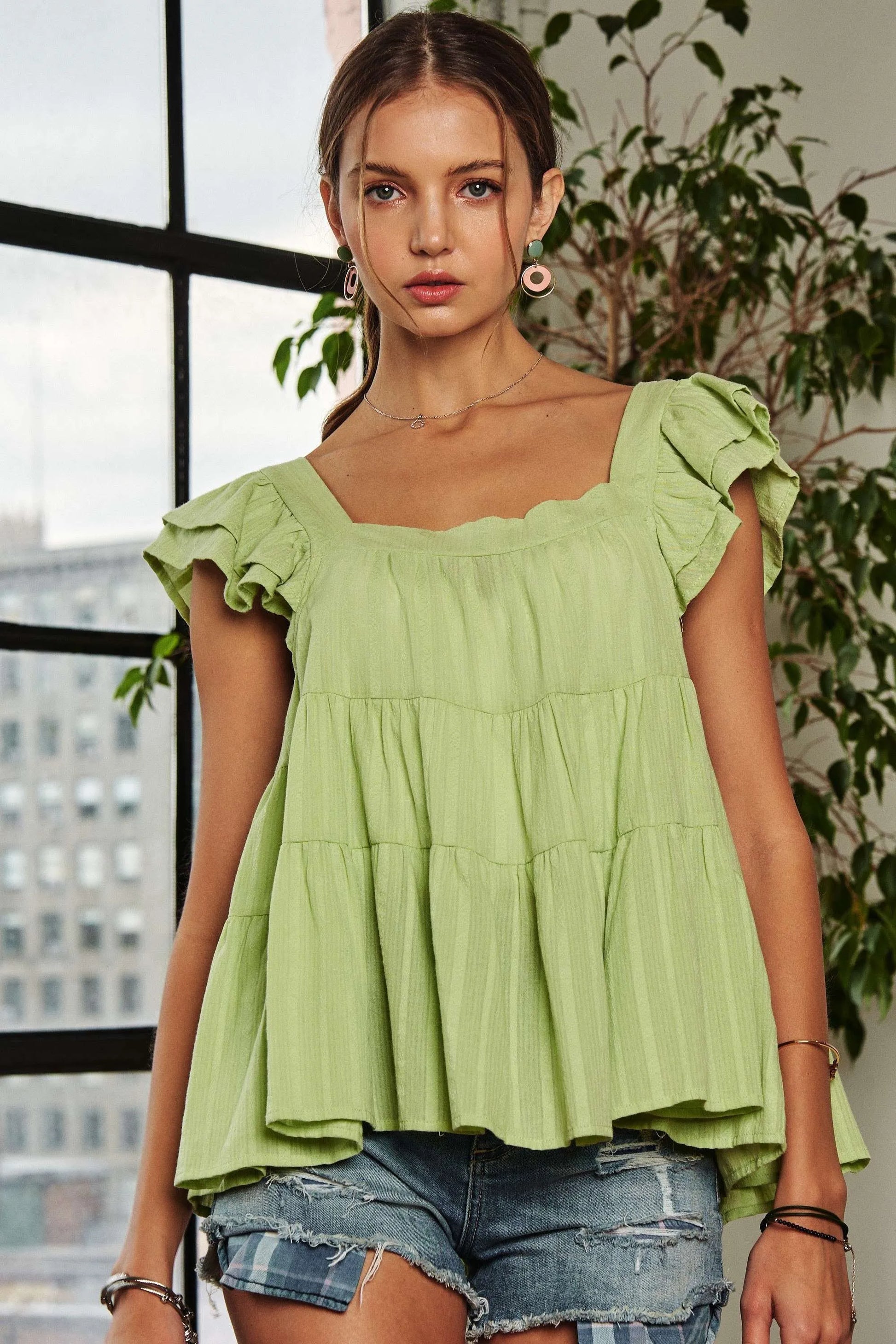 ADORA Ruffle Sleeve Babydoll Tunic Top Tops