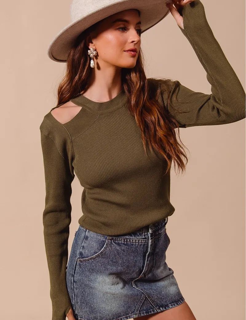 SO ME Rib Knit Top with Shoulder Cut Out | Tops Daverri Fashions