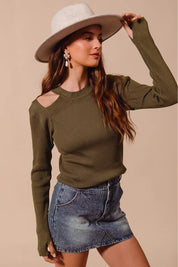 SO ME Rib Knit Top with Shoulder Cut Out | Tops Daverri Fashions