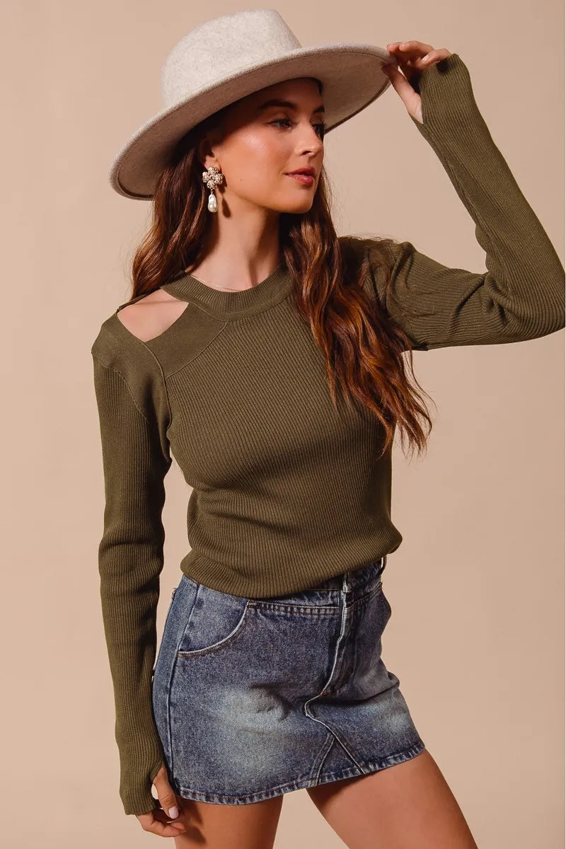 SO ME Rib Knit Top with Shoulder Cut Out Tops
